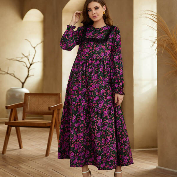 

Contrast Lace Trim Allover Floral Smock Dress, Multicolor