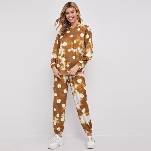 

Floral Print Tie Dye Hoodie & Sweatpants, Brown