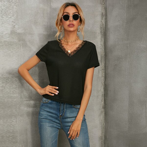 

V-neck Lace Detail Waffle Knit Tee, Black