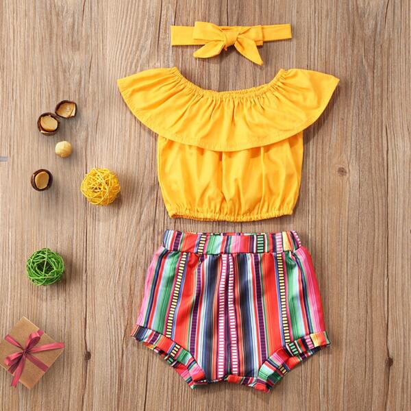 

Baby Girl Ruffle Top & Striped Shorts & Headband, Multicolor