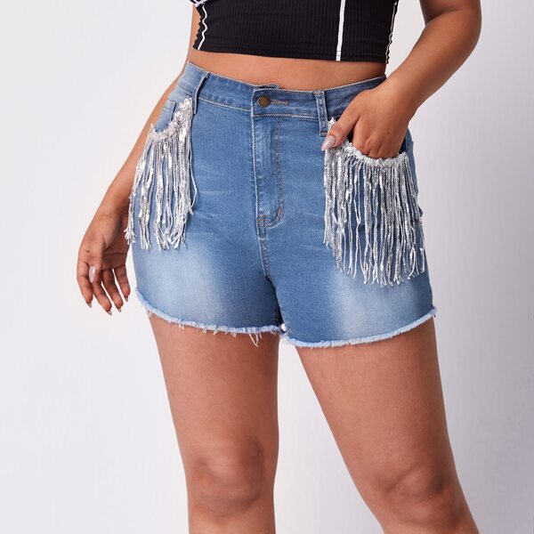 

Plus Sequin Fringe Trim Denim Shorts, Light wash