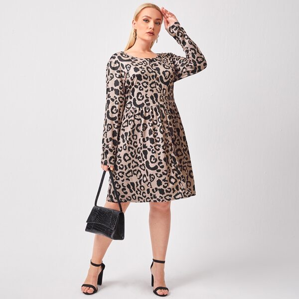 

Plus Button Half Allover Print Smock Dress, Multicolor