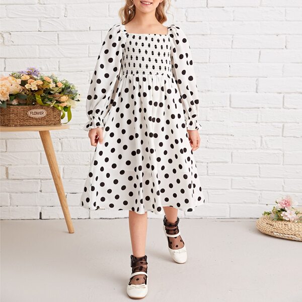 

Girls Shirred Bodice Flounce Sleeve Polka Dot Dress, Black and white