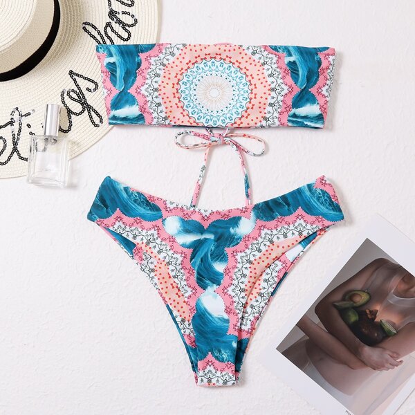 

Allover Graphic Bandeau Bikini Swimsuit, Multicolor