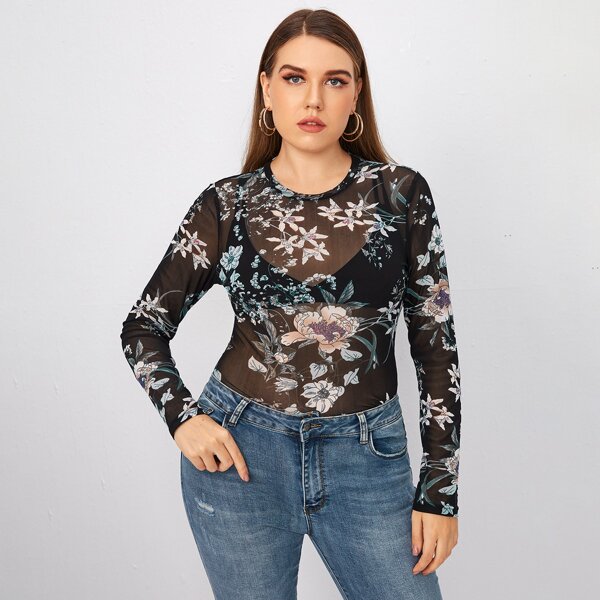 

Plus Sheer Floral Mesh Top Without Bra, Black