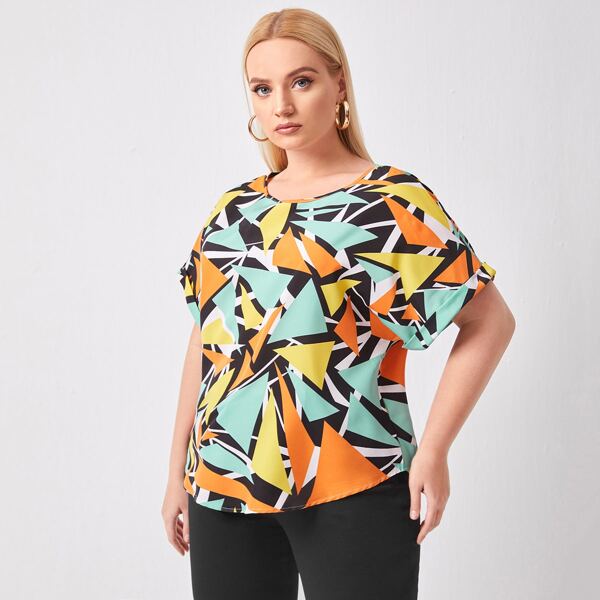 

Plus Geo Print Roll Up Sleeve Top, Multicolor