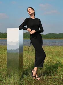 SHEIN Colorblock Criss Cross Rib-knit Dress - Black and White - View 1