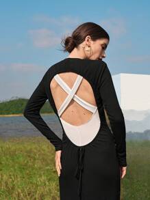 SHEIN Colorblock Criss Cross Rib-knit Dress - Black and White - View 4