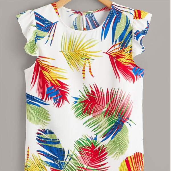 

Plus Tropical Print Ruffle Sleeve Blouse, Multicolor