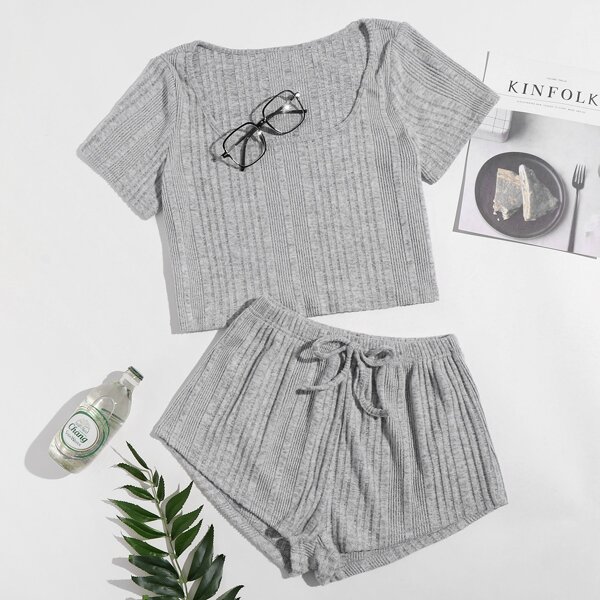 

Solid Ribbed Tee & Knot Waist Shorts Lounge Set, Grey