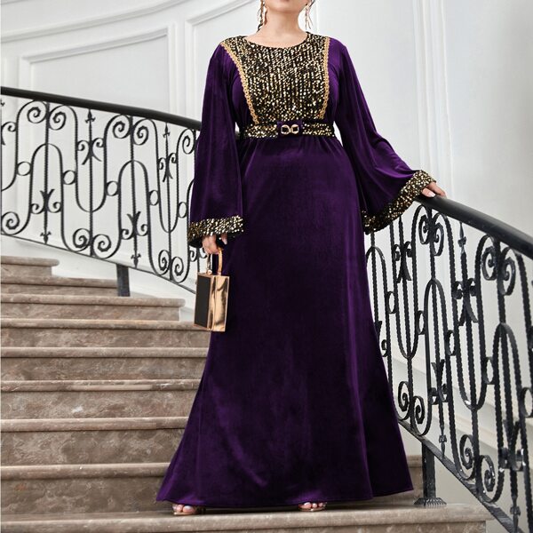

Plus Sequin Detail Self Tie Velvet Dress, Purple