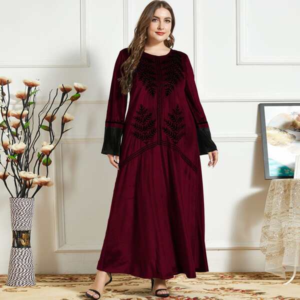 

Plus Leaf Embroidery Velvet Dress, Maroon