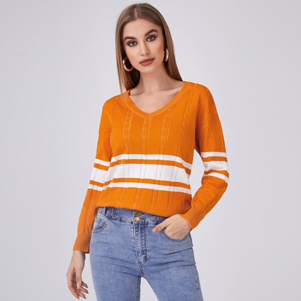 

Neon Orange V-neck Striped Sweater, Orange neon