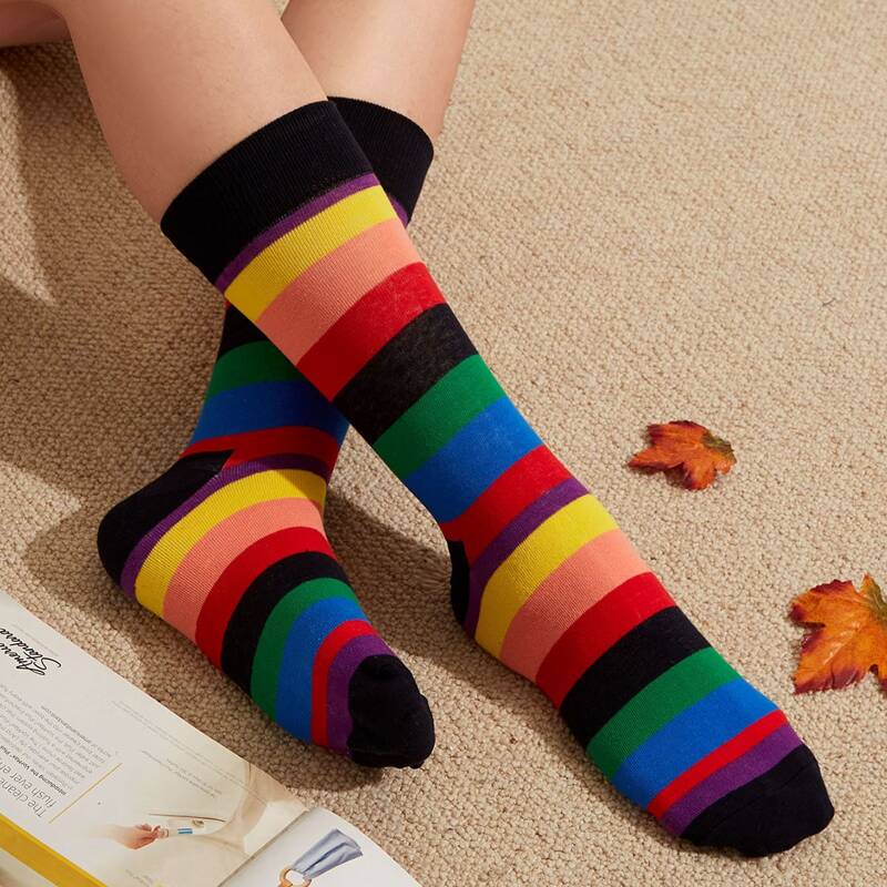 

1pair Rainbow Striped Crew Socks, Multicolor