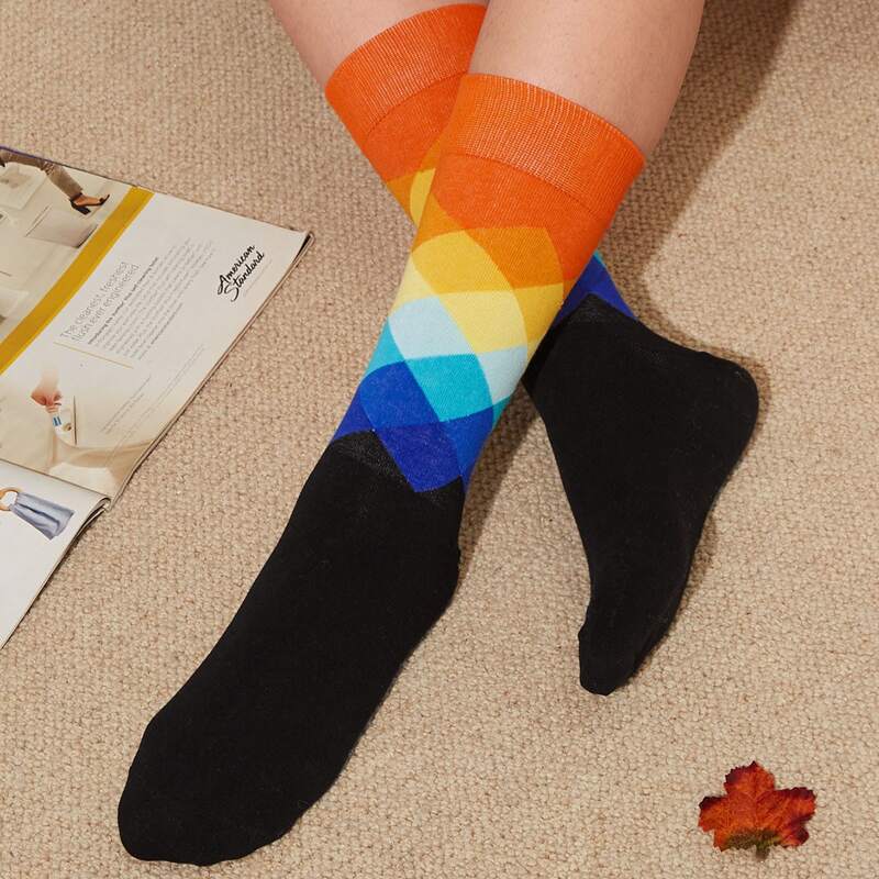 

1pair Argyle Crew Socks, Multicolor