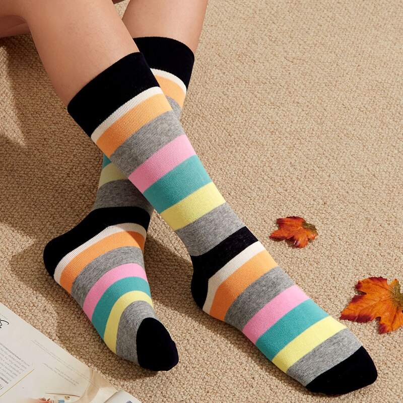 

1pair Colorful Striped Crew Socks, Multicolor