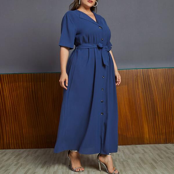 

Plus Self Tie Button Front Dress, Royal blue