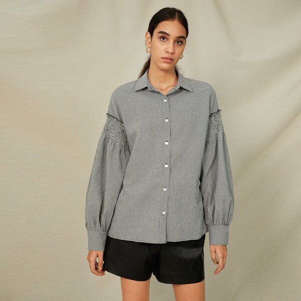 

Gingham Drop Shoulder Shirred Detail Blouse, Grey