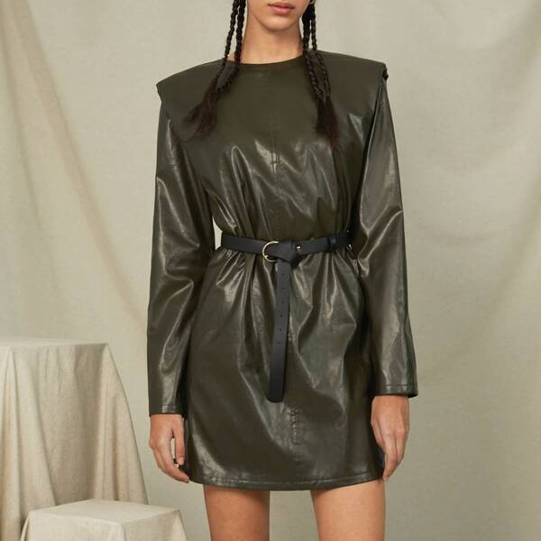 

Padded Shoulder PU Leather Belted Dress, Dark green