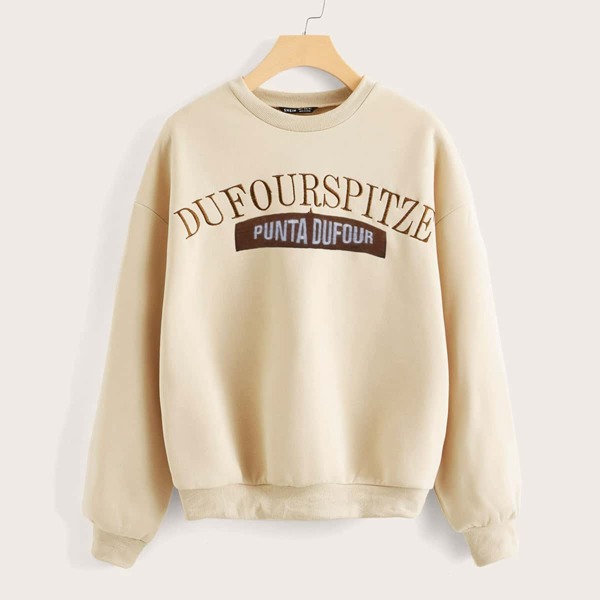 

Drop Shoulder Letter Embroidery Pullover, Beige