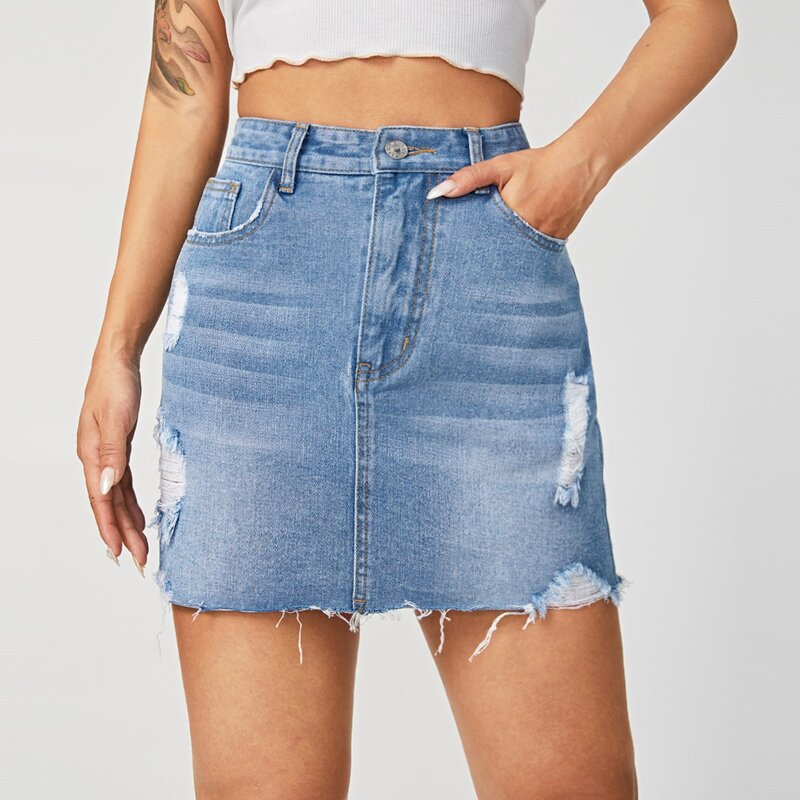 

Raw Hem Ripped Denim Skirt, Light wash