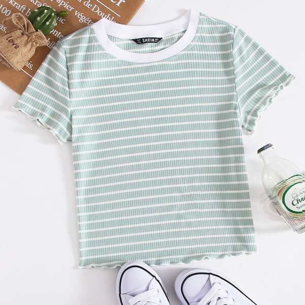 

Plus Lettuce Trim Rib-knit Striped Top, Pastel mint green