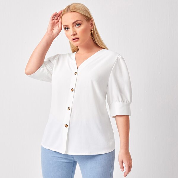 

Plus Button Front Puff Sleeve Blouse, White