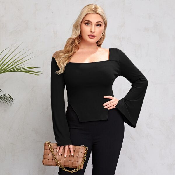 

Plus Square Neck Asymmetrical Hem Tee, Black