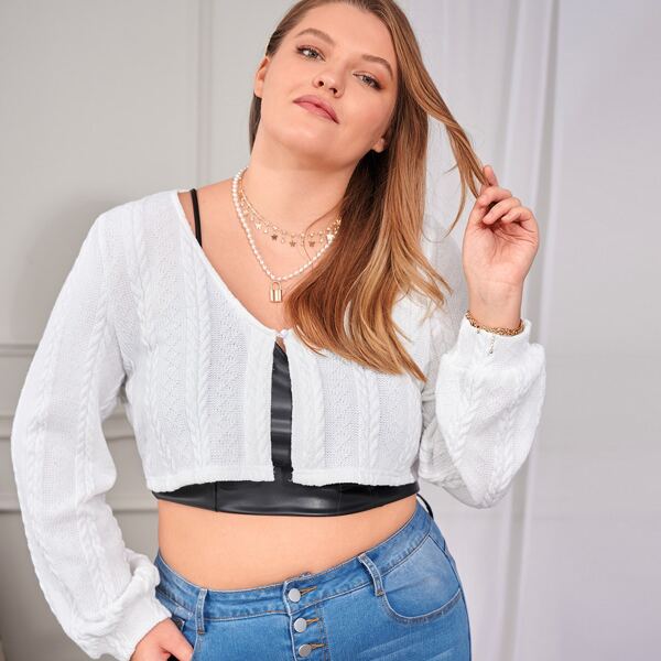 

Plus Single Button Cable Knit Crop Top, White