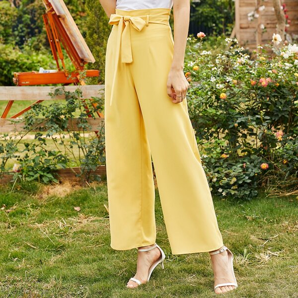 

Solid High-rise Belted Wide-leg Pants, Yellow