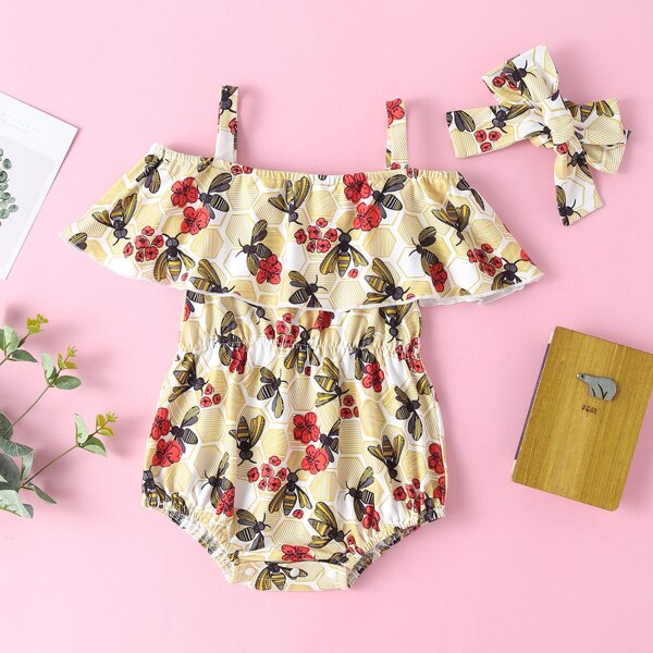 

Baby Girl Bee & Floral Print Cold Shoulder Bodysuit With Headband, Multicolor