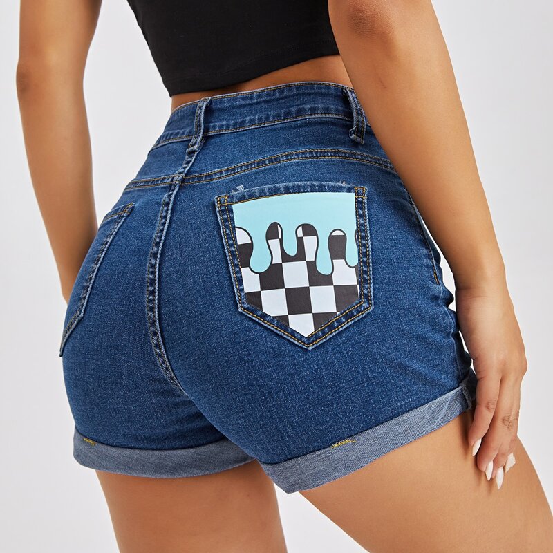 

Plaid Print Denim Shorts, Medium wash