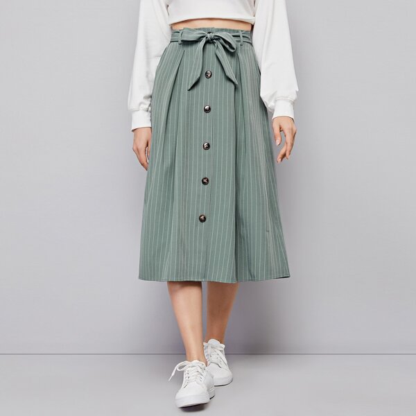 

Button Up Self Belted Striped Skirt, Mint green