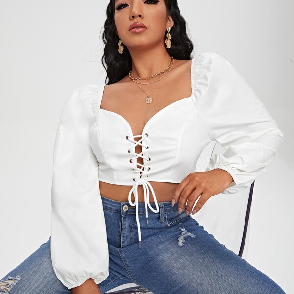 

Plus Solid Lace Up Crop Top, White