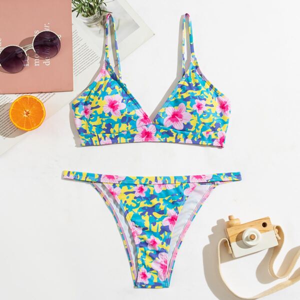 

Allover Floral Thong Bikini Swimsuit, Multicolor