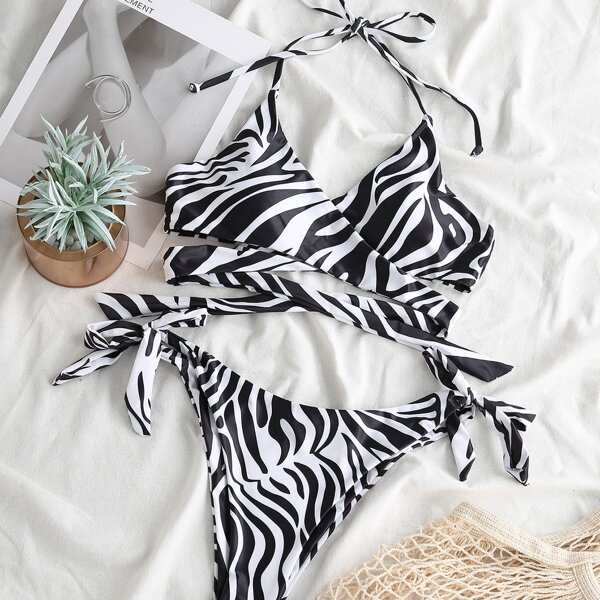 

Zebra Striped Cross Wrap Tie Side Bikini Swimsuit, Black and white