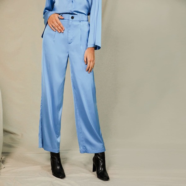 

Elastic Waist Solid Satin Pants, Blue
