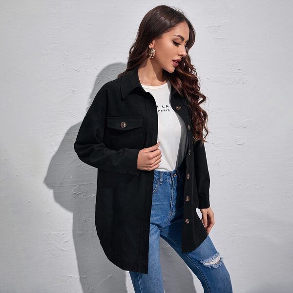 

Drop Shoulder Flap Pocket Shacket, Black