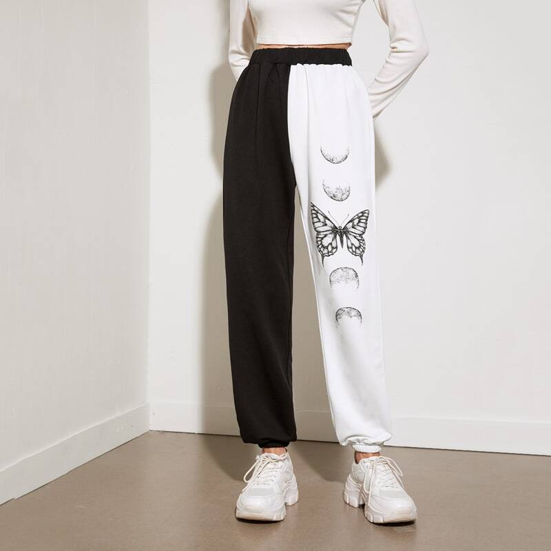

Two Tone Butterfly Print Sweatpants, Black and white