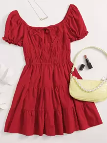 Soleia 繫帶領抽褶胸多層次洋裝 - 紅色 - 查看 1