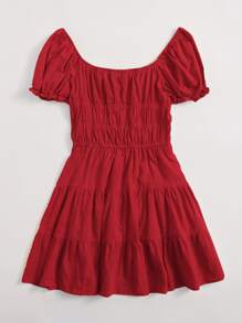 Soleia 繫帶領抽褶胸多層次洋裝 - 紅色 - 查看 2