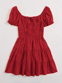 Soleia 繫帶領抽褶胸多層次洋裝 - 紅色 - 查看 4