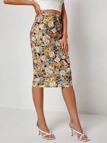 SHEIN Privé 滿版花卉鉛筆半身裙 - 彩色 - 查看 1