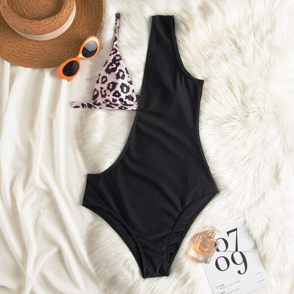 

Contrast Leopard Cut-out One Piece Swimsuit, Multicolor