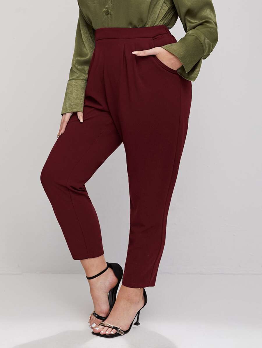 SHEIN Privé Plus Fold Pleated Solid Trousers - Burgundy - View 1
