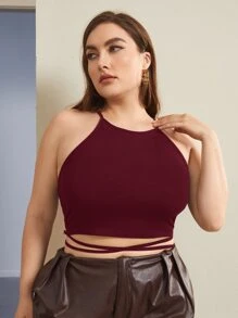 SHEIN Privé 大碼後十字交叉繫帶短版繞頸上衣 - 紫紅色 - 查看 1