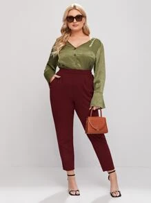 SHEIN Privé Plus Fold Pleated Solid Trousers - Burgundy - View 3