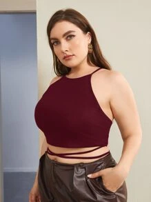 SHEIN Privé 大碼後十字交叉繫帶短版繞頸上衣 - 紫紅色 - 查看 3