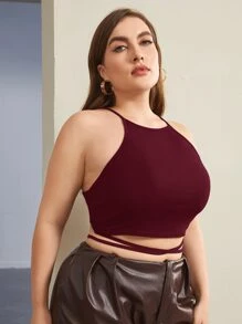 SHEIN Privé 大碼後十字交叉繫帶短版繞頸上衣 - 紫紅色 - 查看 4