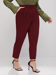 SHEIN Privé Plus Fold Pleated Solid Trousers - Burgundy - View 5